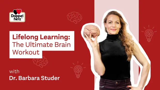 뇌 모형을 들고 있는 드. 바바라 슈터가 검은 상의를 입고 있는 사진. 빨간 배경에 "Lifelong Learning: The Ultimate Brain Workout"라는 문구와 함께 "Doppel herz" 로고가 보인다.